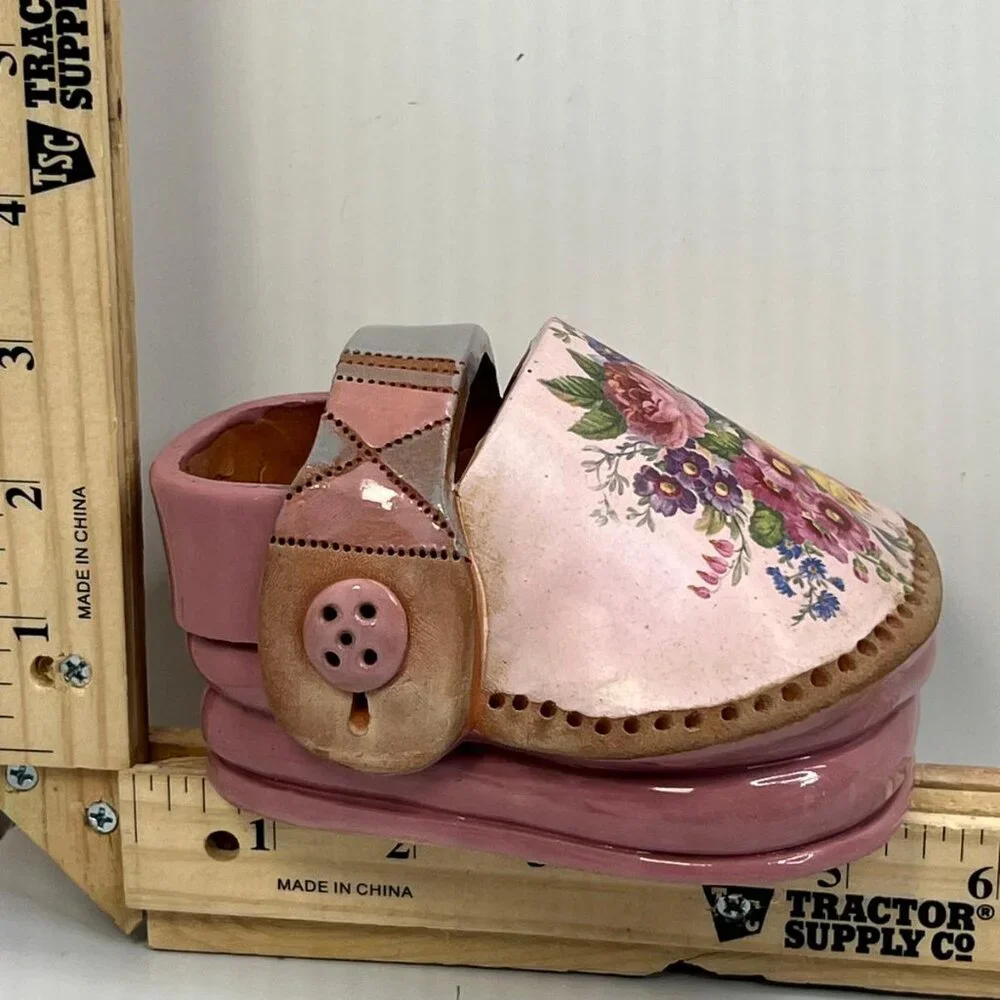 Vintage Holland Dutch Clog Shoe Ceramic Planter Pink Floral Wooden Shoe Pot - Picture 1 of 4